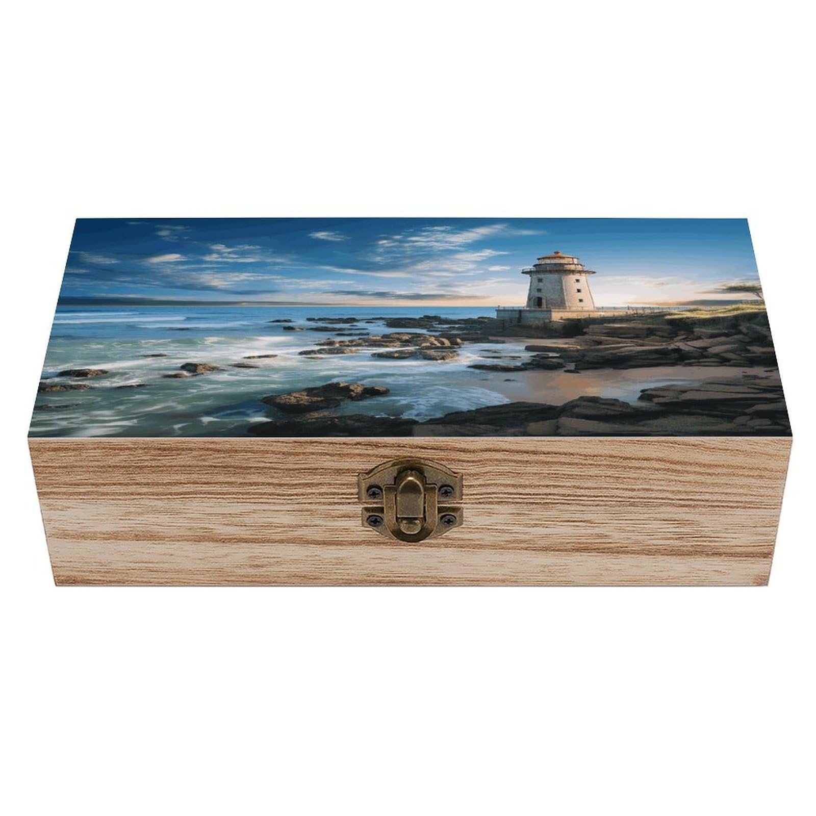 VstaDank Beach Lighthouse Wooden Storage Box Wooden Keepsake Box with Hinged Lid Exquisite Solid Wood Decorative Jewelry Case Memory Box for Jewelry Photos Letters Crafts Trinkets