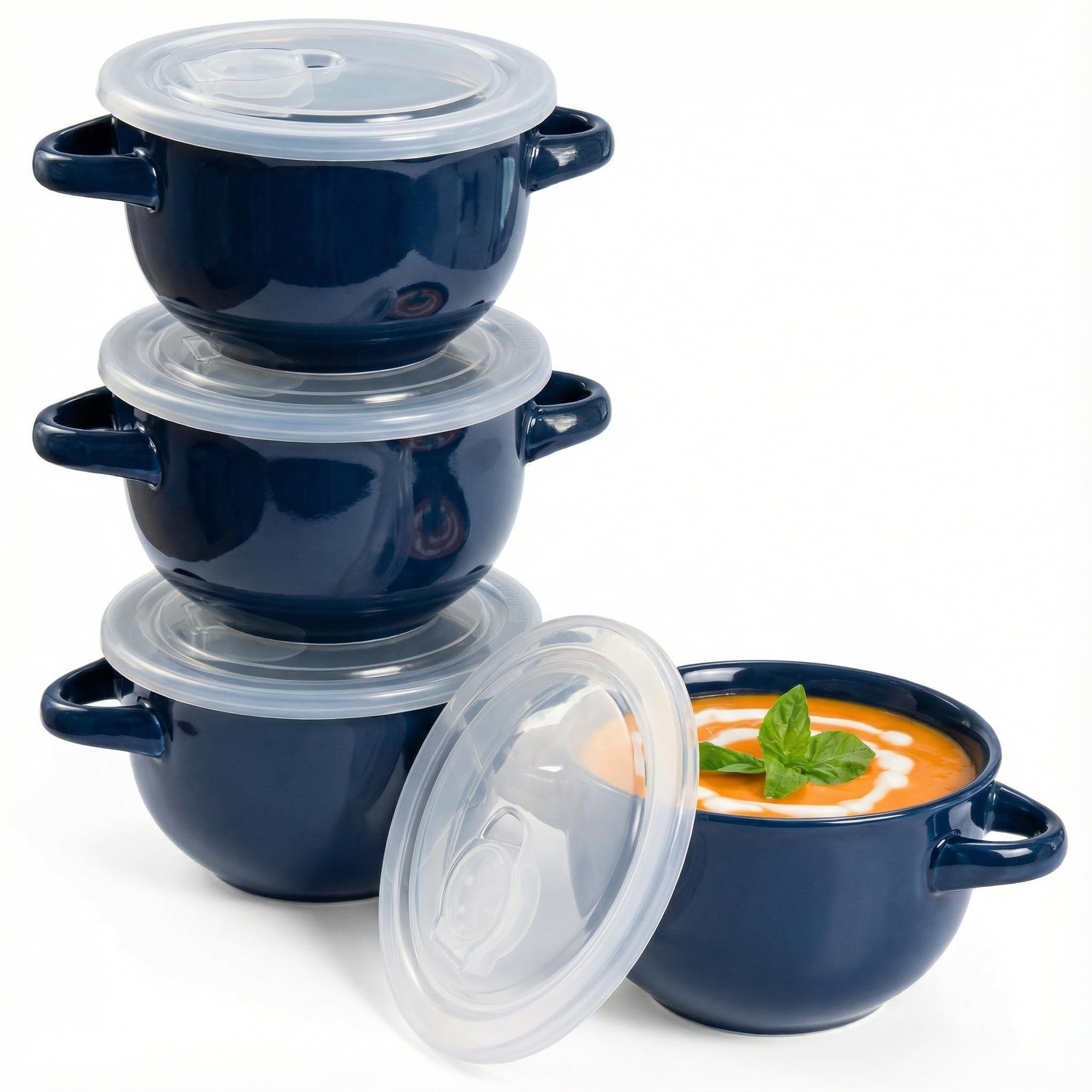 KooK French Onion Soup Bowls, Crocks, Oven Safe Bowls, Soup Mugs, Ceramic Bowls, Dishwasher, Microwave, Set of 4, 18 oz (Blue)