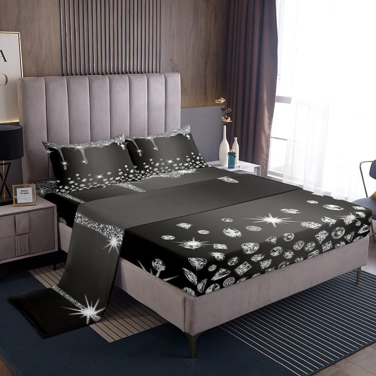 King Size Glitter Print (No Glitter) Diamond Bed Sheets Set Girls Deep Grey Silver Shiny Sheet Set For Ultra Soft Luxury Texture Colorful Bling Sheets with Deep Pocket Fitted Sheet Set Room Decor