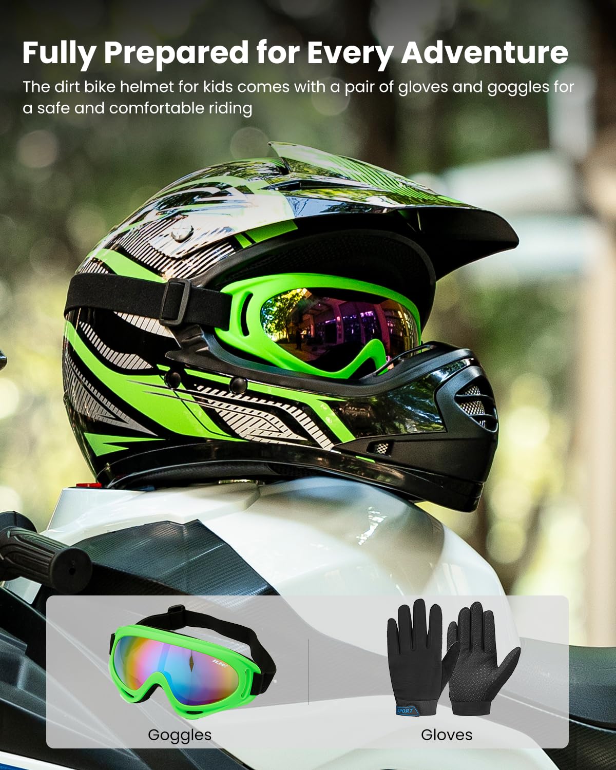 ILM Dziecięcy kask motocyklowy Cross Dirt Bike dla chłopców i dziewcząt, uniseks, homologacja ECE22.06 Full Face Off Road ATV Enduro MTB z rękawicami Gogle Model B07, czarny zielony, XL