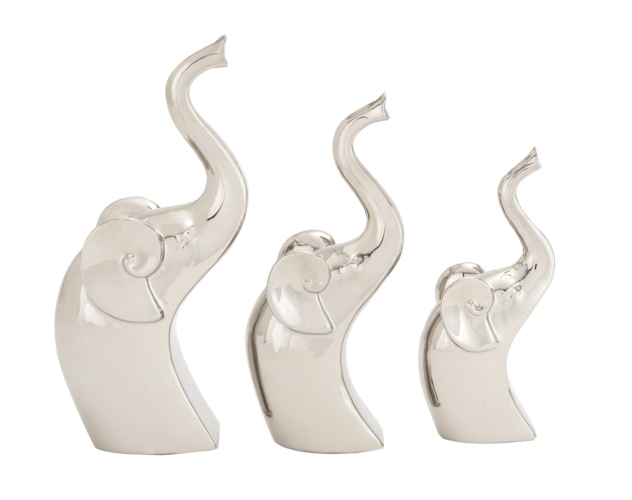 The Novogratz Porcelain Ceramic Elephant Decorative Sculpture Home Decor Statues, Set of 3 Accent Figurines 14", 12", 10"H, Silver