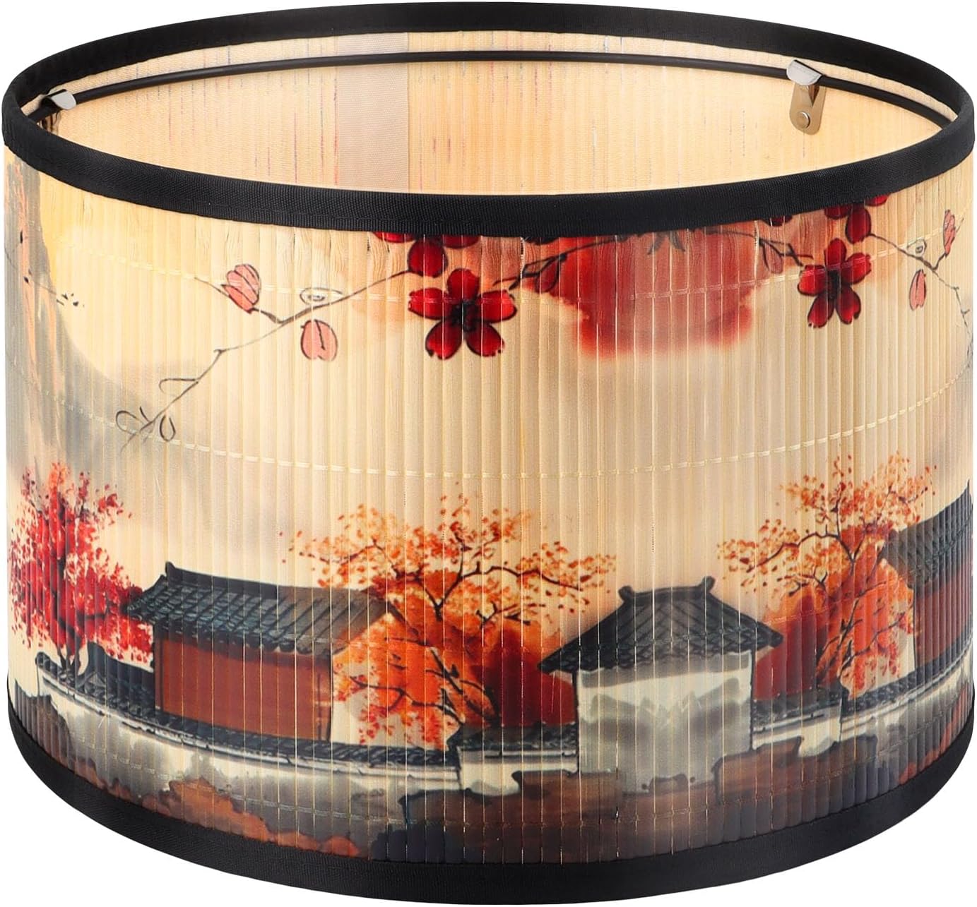GES Natural Bamboo Drum Lamp Shade 11.8×11.8×7.9In Clip On Table Light Cover, Floral Print Lampshade for Bedroom Living Room, Chandelier Replacement Shade