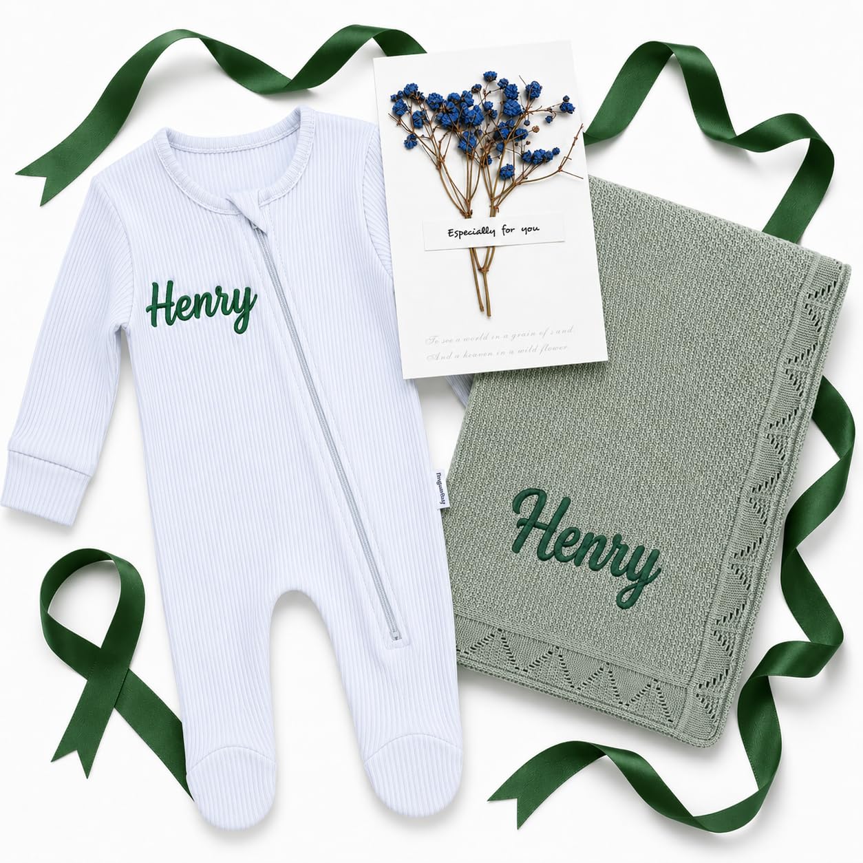 Personalised Baby Blanket & Romper Gift Set, Embroidered Name (O10, 12-18M)
