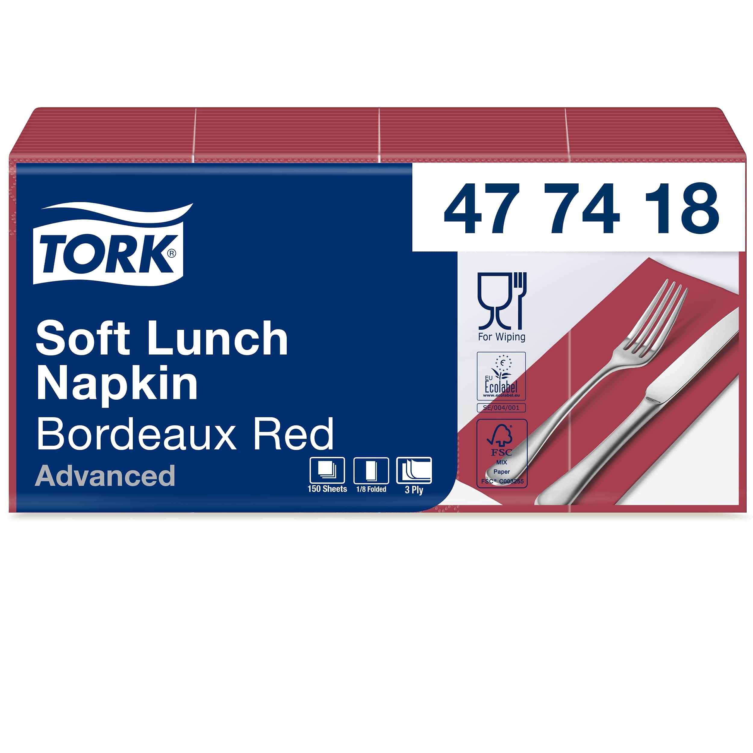 Tork 477418 Tovagliolo Lunch Soft bordeaux (piegato in 8) Advanced, 3 veli, 10 pacchi x 150 tovaglioli (1500 pz), 33 cm (lungh.) x 32,6 cm (largh.)