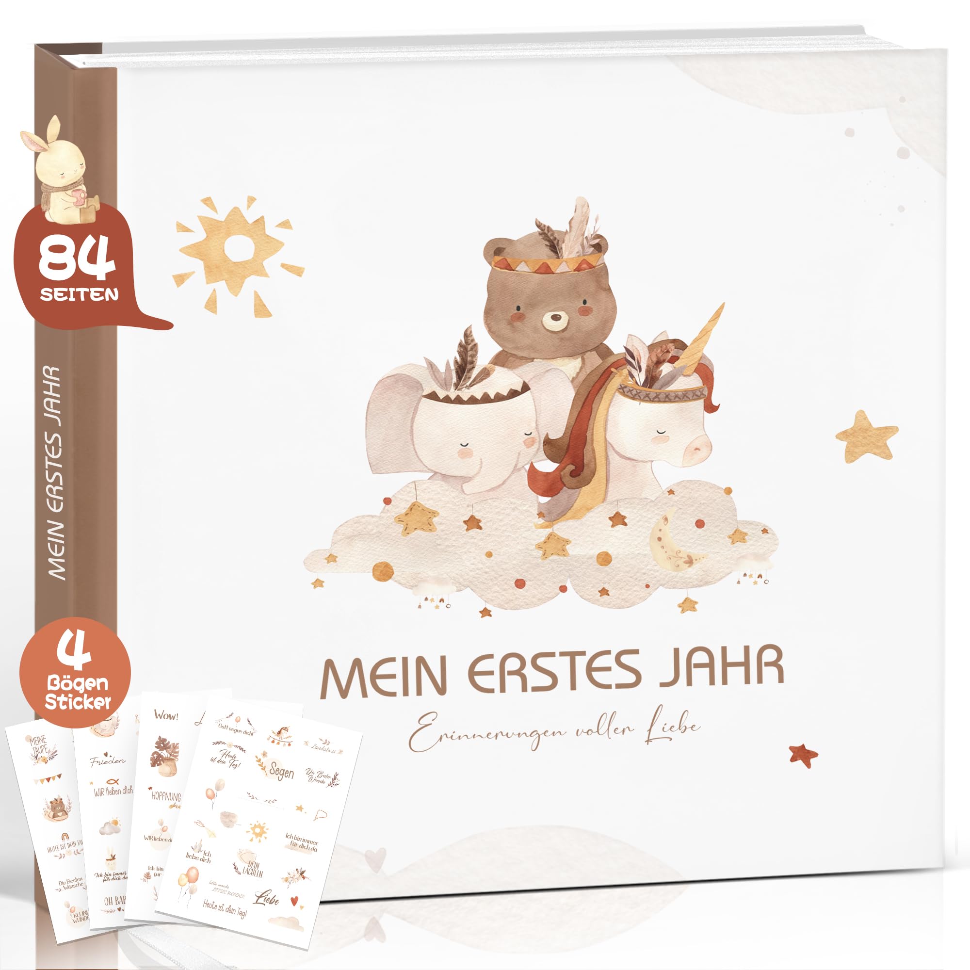 Babyalbum Mein erstes Jahr mit 4 Bögen Sticker | Geburt Geschenk für Mädchen Junge| Fotoalbum zum Selbstgestalten | schön Babybuch ab 0 Monate | Baby Erinnerung Babytagebuch mit viel Platz für Bilder