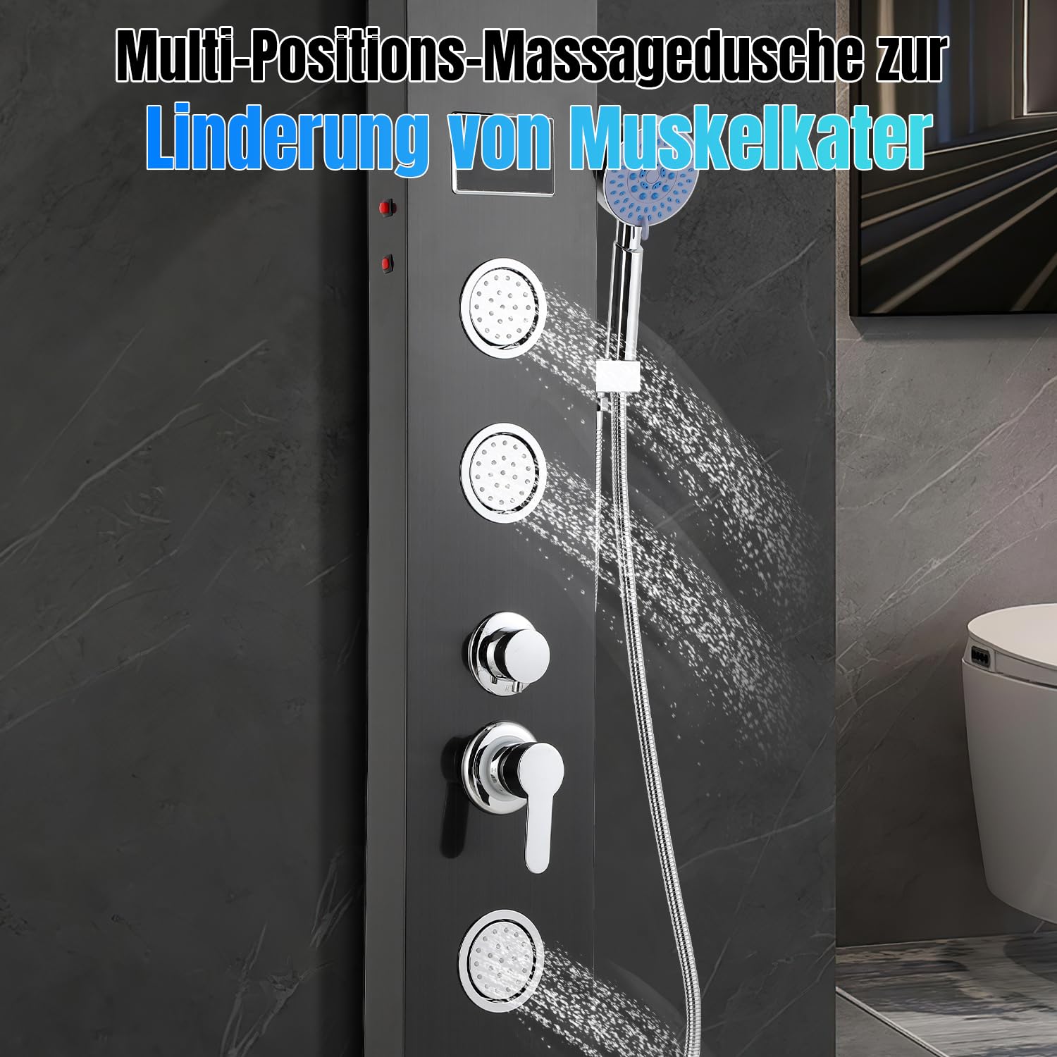 5-in-1 LED Duschpaneel – Duschsystem mit LED-Temperaturanzeige, Regendusche, verstellbaren Massagedüsen, Schwarz Design, Wandmontage für modernes Badezimmer