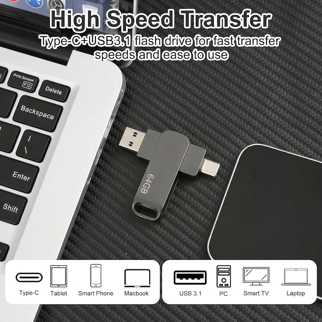 64GB USB Memory Stick 3.2 Type-C Dual Flash Drive for PC, Tablet, Mac, MacBook, Flash Drive Smart Phone High-Speed Memory Stick for Store Songs Photos Video USB to Store Phone Video Files, Black — view 4