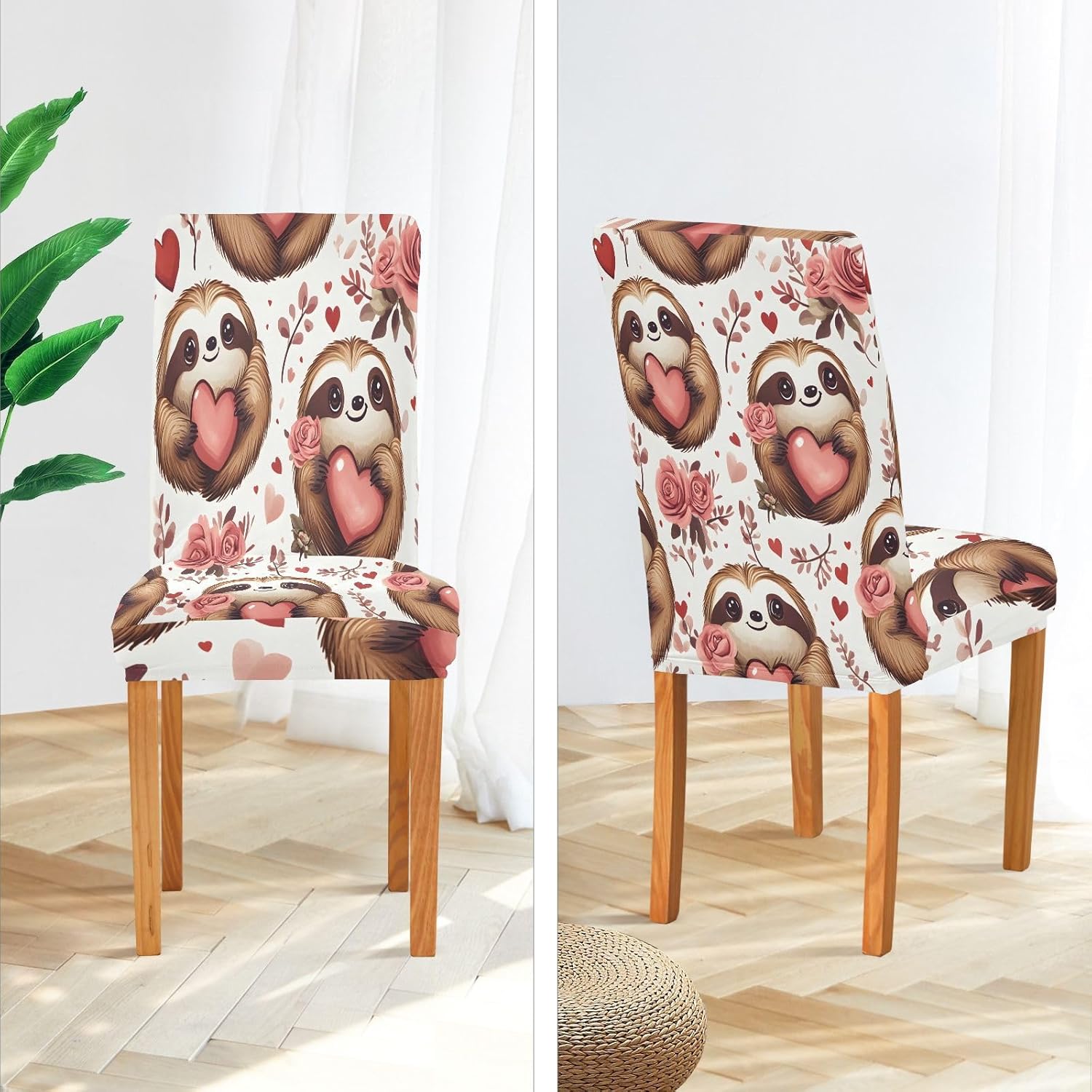 ALAZA Chair Covers for Dining Room, Sloth Love Rose Pattern Stretch Chair Cover Sets Chair Protector Removable Washable for Ktichen Restaurant Hotel