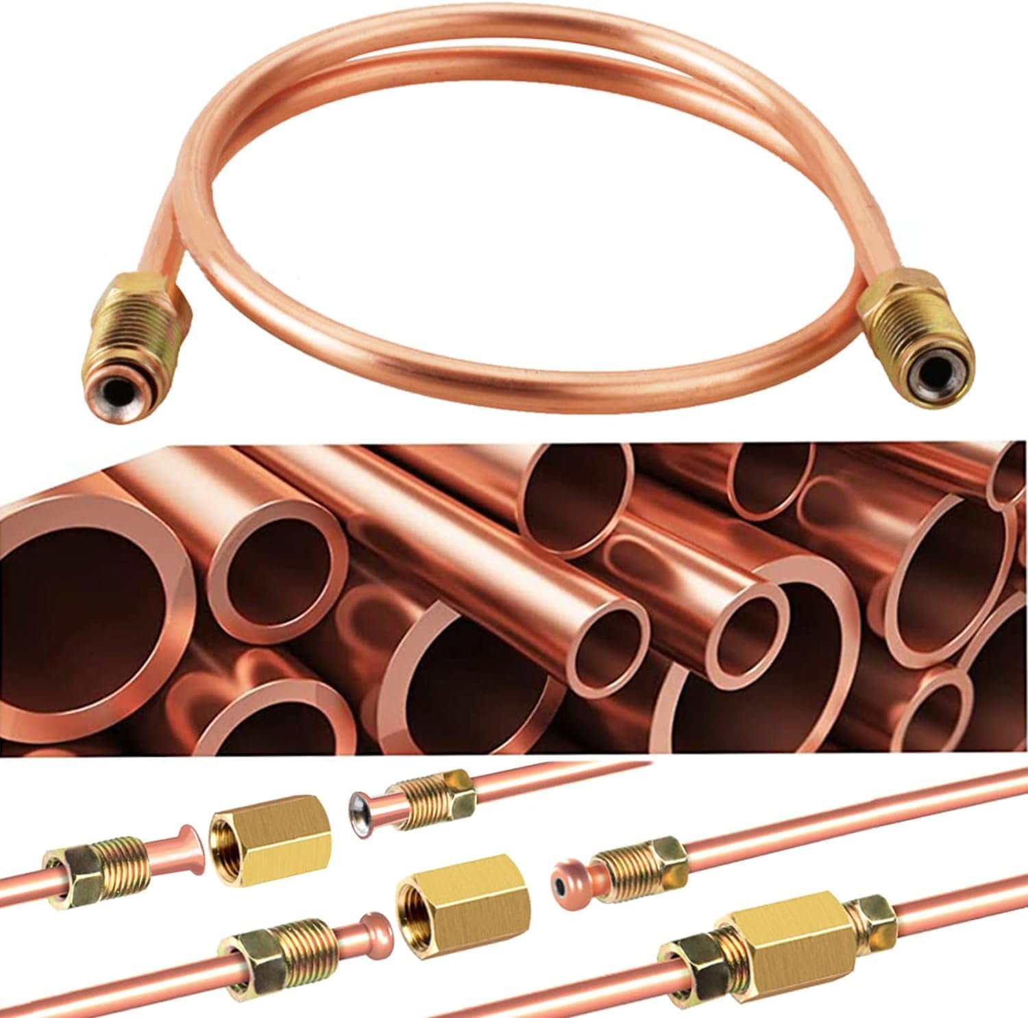 Tuyau de frein avec revêtement en cuivre de 1,9 m de diamètre pour conduite de frein automobile avec 20 écrous et assortiment de 12 raccords de tuyau de frein (1,9 m de 0,9 cm)