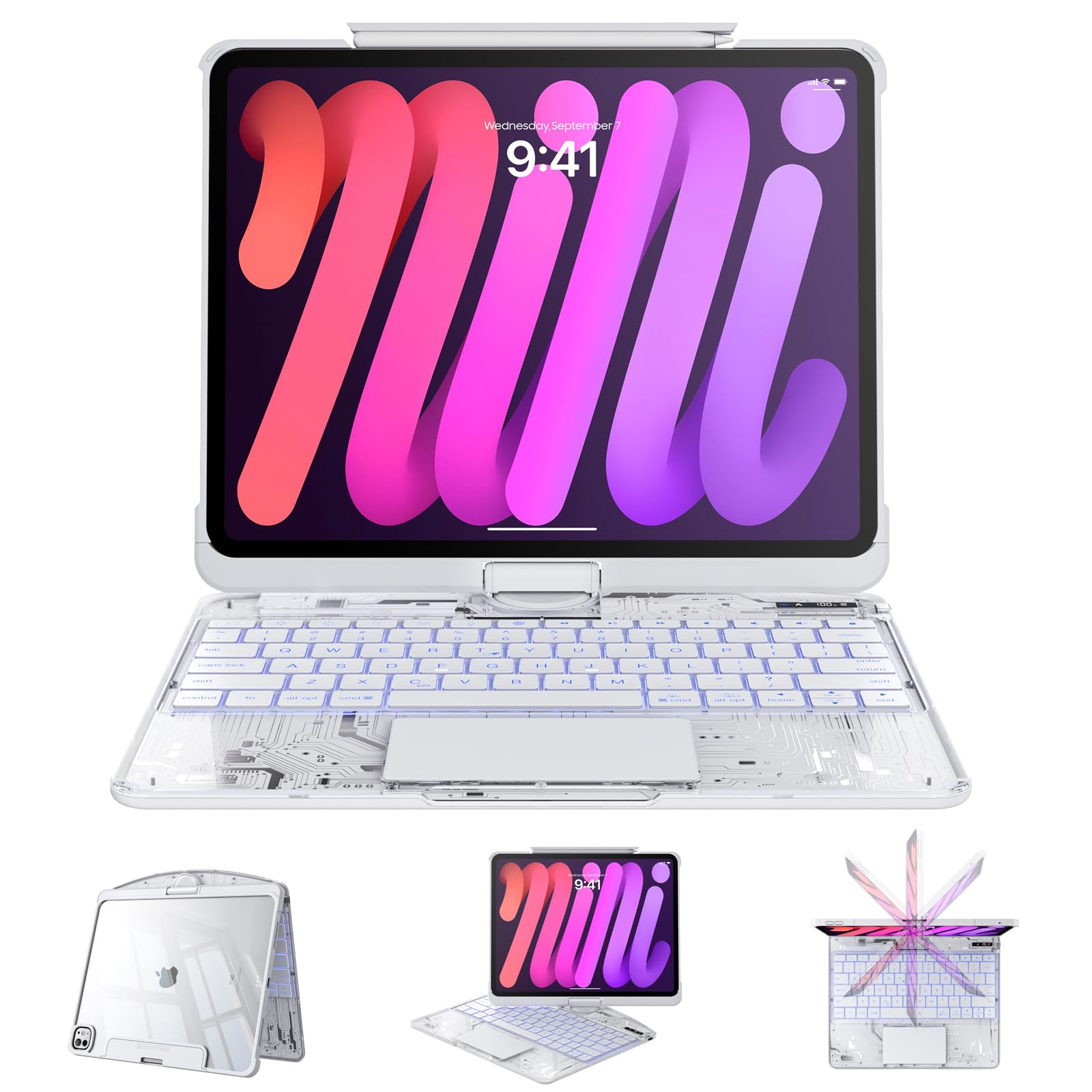 Clear Case with Keyboard for mini 7 A17 Pro(2024) &amp; Mini 6 (2021) 8.3", 360°+180° Rotating iPad Keyboard, LCD Display, Pencil Holder, 7-Color Backlit, Multi-Touch Trackpad,White