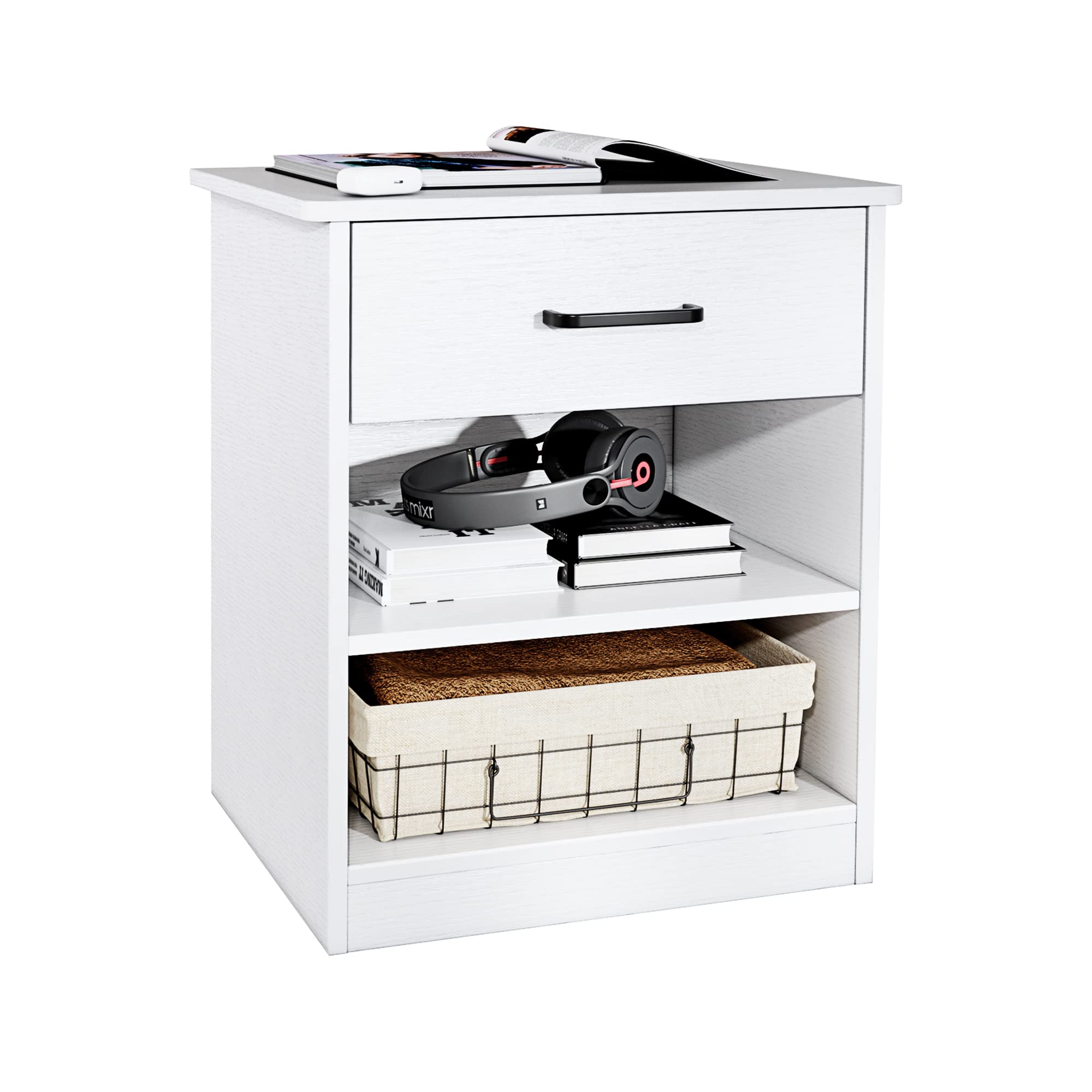 ODIKA White Nightstand with Charging Station and 2 USB Ports, Wooden Side Table/End Table with Drawer and Adjustable Shelf for Bedroom, Living Room, 6.5 Foot Power Cord