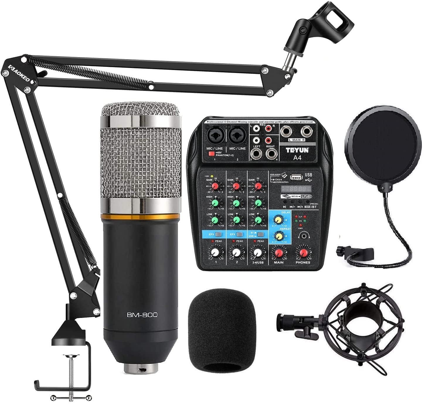 DEVICE OF URBAN INFOTECH Professional BM800 Condenser Microphone Kit with 4 Channel Audio Mixing Console Sound Board Mic for Singing Dubbing Live Streaming Podcasting Gaming (Black)