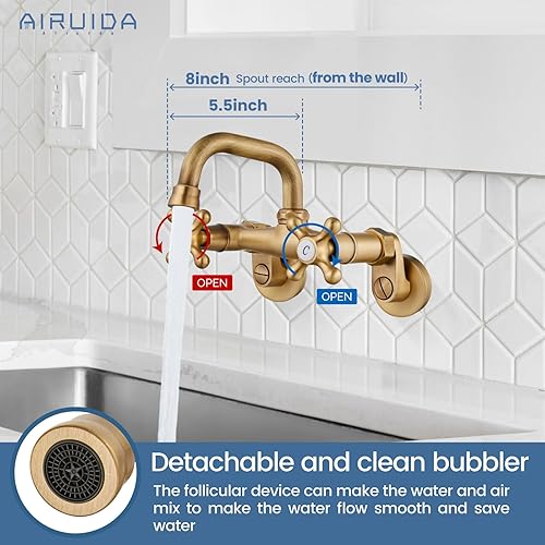 Vista 116 de Airuida Grifo de cocina de níquel cepillado para montaje en pared, boquilla de 8 pulgadas, montaje en pared, grifo de fregadero de lavandería