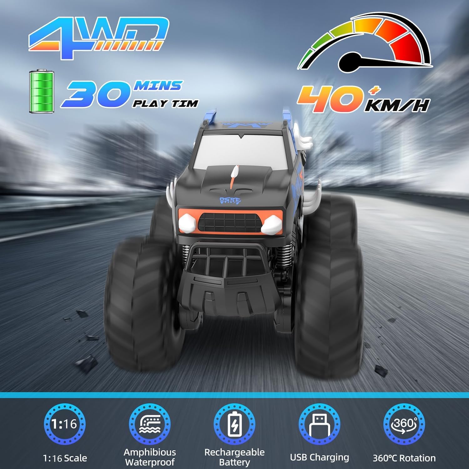 RC Monster Truck 1:16, Electric RC Car RC Monster Car 4WD Rock Crawler Scale Remote Control Truck Toy Cars,Waterproof&Dustproof Electric Vehicle Toys Car for Ages 6-12 (Blue)