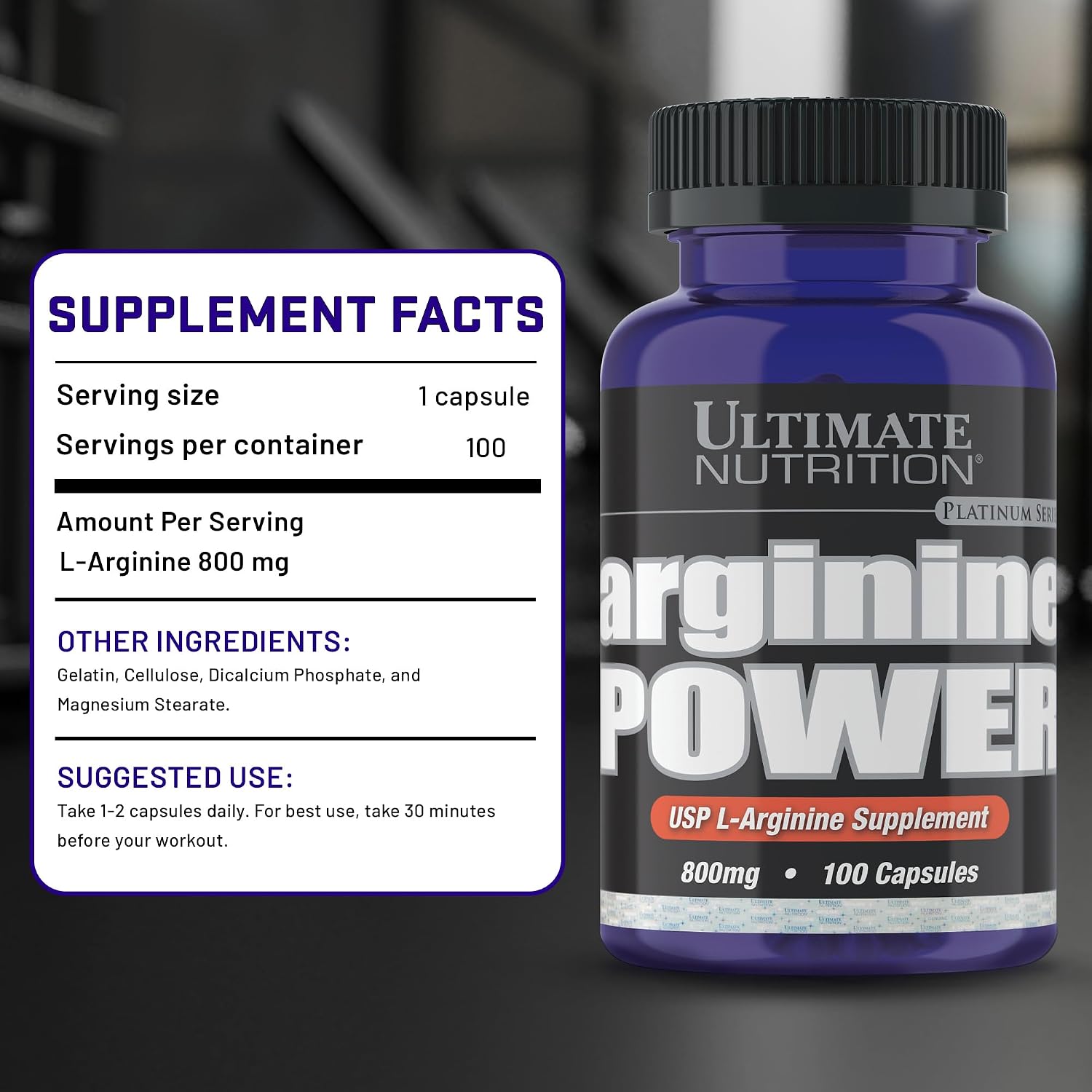 Ultimate Nutrition Arginine Power Supplement for Men & Women - Amino Acid Supplement with 800mg of L-Arginine for Nitric Oxide Production, Bodybuilding, Performance & Muscle Growth - 100 Capsules