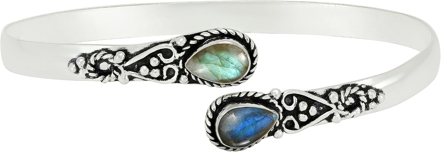 Pear Shape Natural Gemstones Open Bangle Adjustable Bracelet for Women image 3