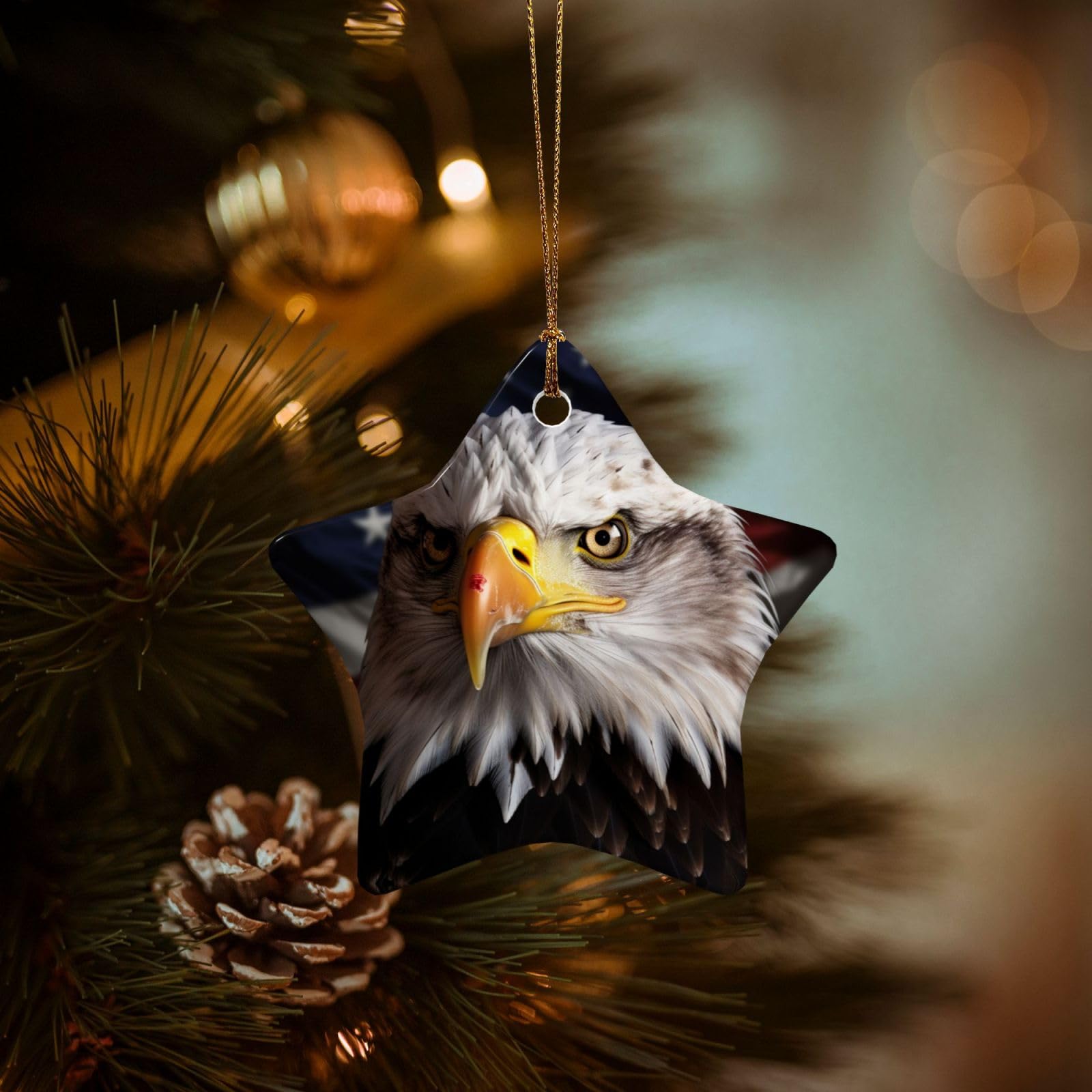 Christmas Ornaments for Christmas Tree Decoration Hanging America Flag and Eagle Ornament with Gold Ribbon Crafts Star Shape Ceramic Pendant for Keepsake Gifts Xmas Decor Party Supplies