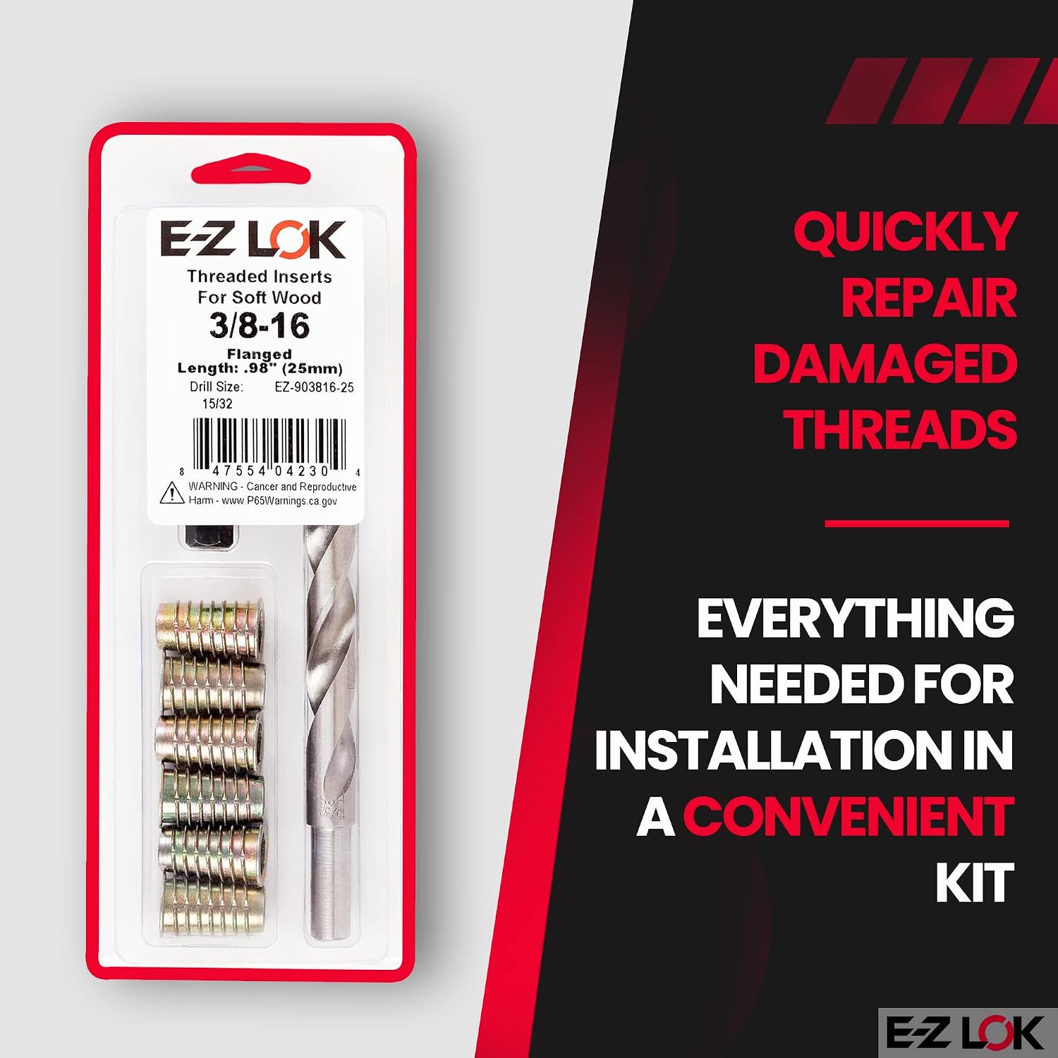 E-Z Hex Thread Repair Kit for Soft Wood Flanged Threaded Inserts 3/8-16 x 25mm, Drill, Installation Tool