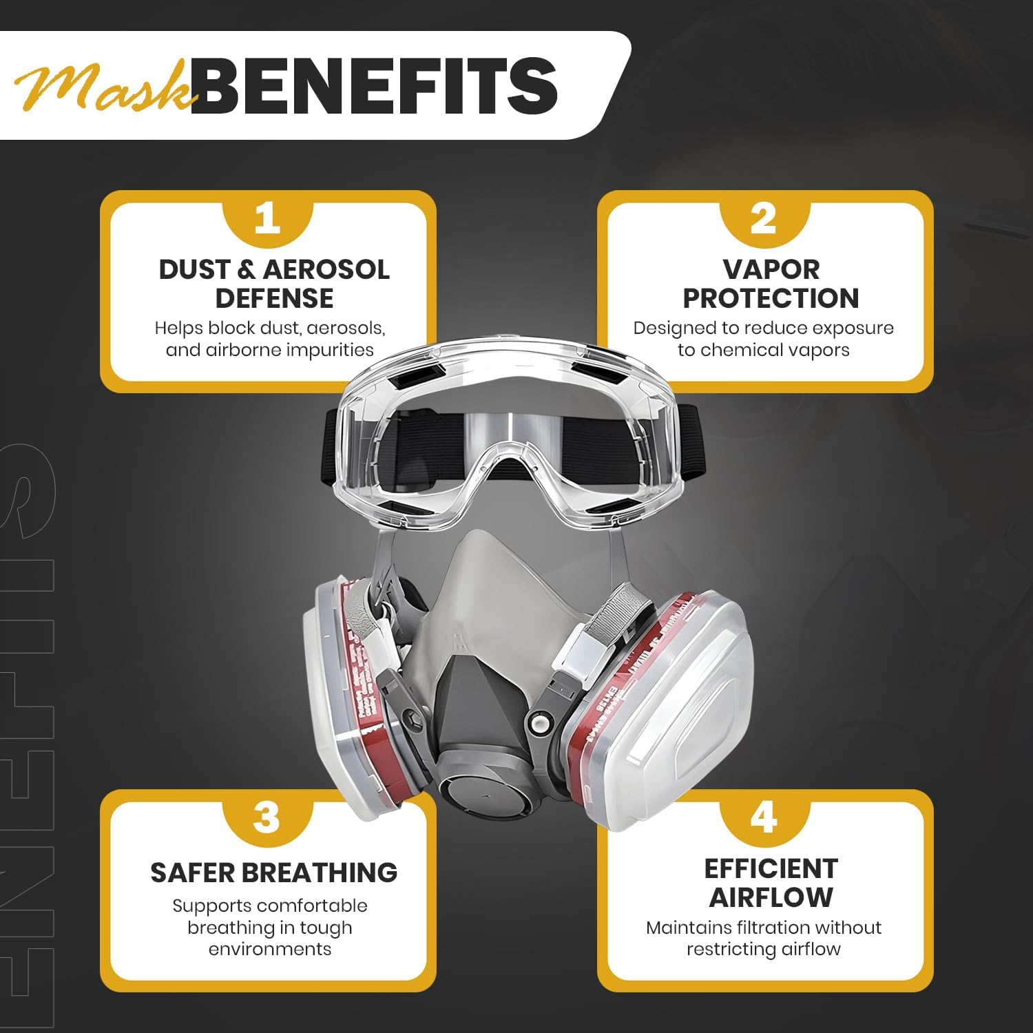 Respirator Mask for Spray Painting, Woodworking, Welding, Dust, and General Safety with Clear Eye Goggles, 10 Replacement Filters, Half Face Cover with Safety Glasses