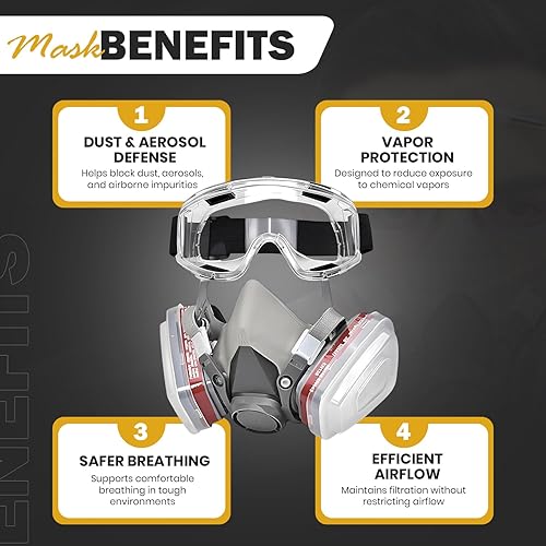 Miniatura 3 de Máscara respiradora para pintura en aerosol, carpintería, soldadura, polvo y seguridad general con gafas transparentes, 10 filtros de repuesto,