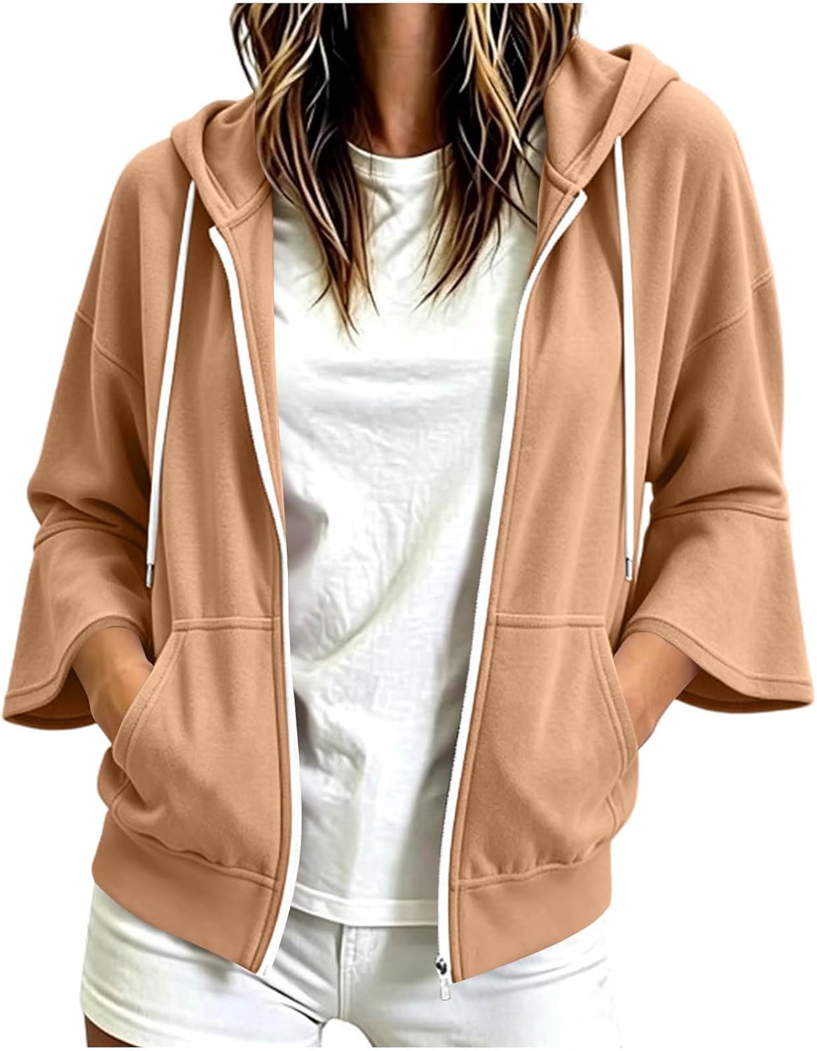 Women's Zip Up Hooded Jacket Bell Sleeve Drawcord Casual Coat Top