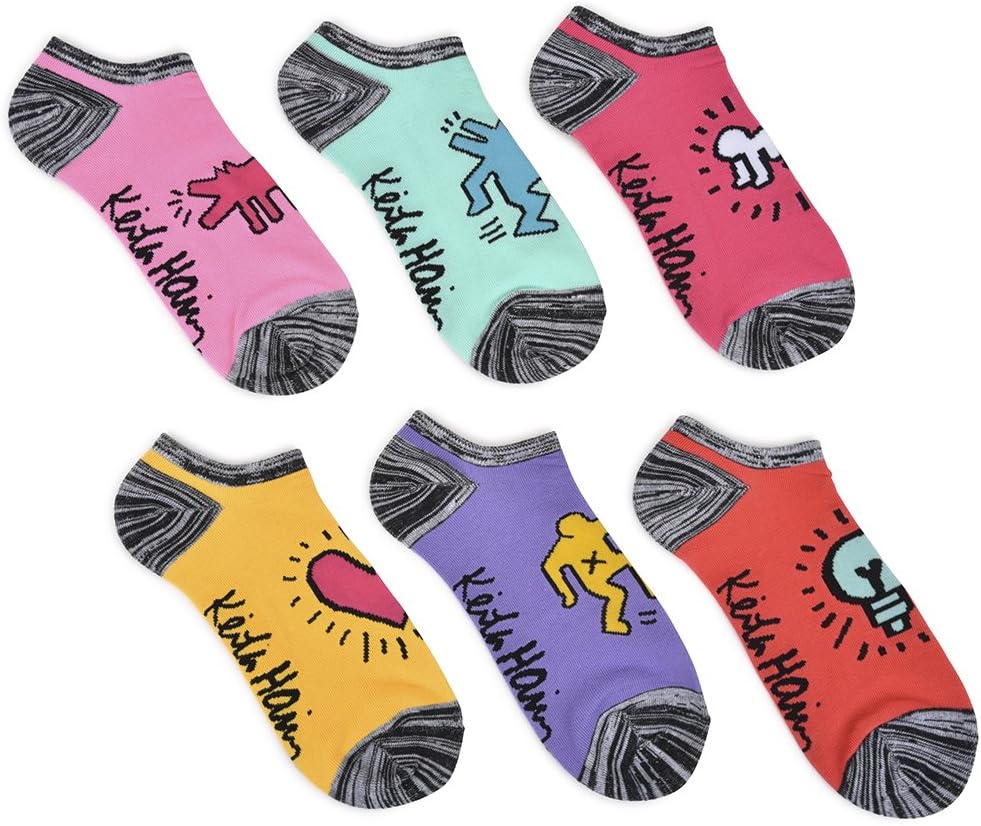 Keith Haring Womens Novelty Socks โ No Show, 6 Pack, Colorful Prints