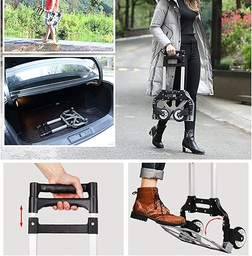 Vista 6 de Shopping Cart Folding Grocery Shopping Cart with 2 Wheels Aluminum Alloy Luggage Cart Utility Cart Trolley for Shopping Luggage Tools Utility Cart