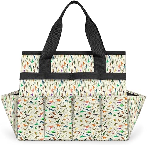 Cute Dinosaur Era Garden Tool Tote Bag for Women Men Gardening Tool Storage Bags with 10 Pockets Standable Garden Home Tool Kits Organizer for