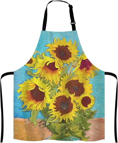 Lefolen Van Gogh Delantal, pintura al óleo girasol Unisex cocina babero con cuello ajustable para cocinar jardinería, tamaño adulto