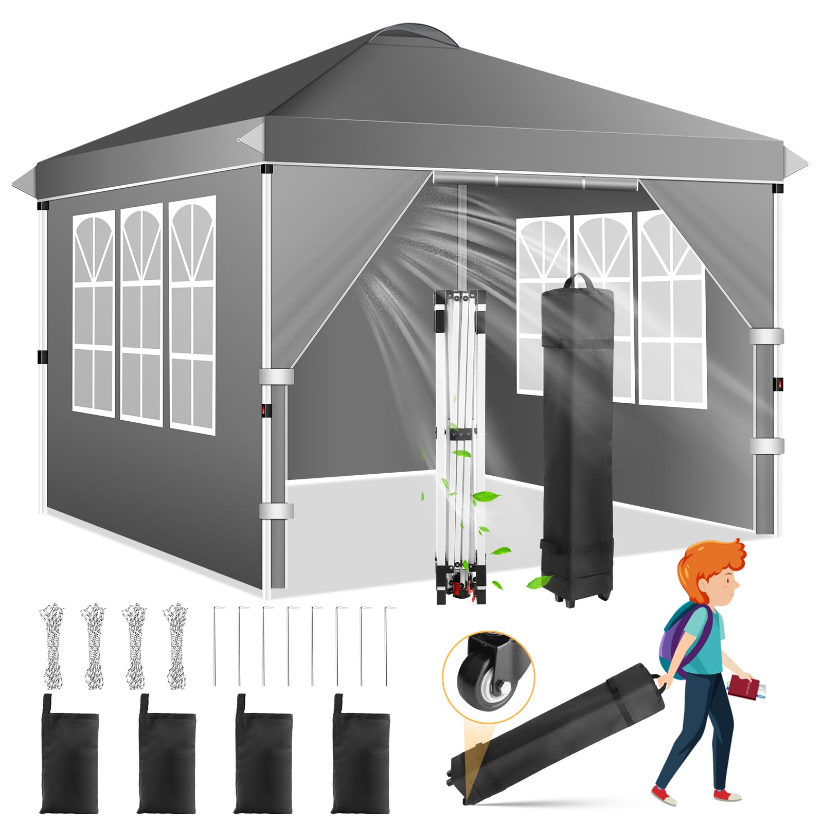 Pop Up Canopy Tent 10x10 - with 4 Removable Sidewalls, 210D PU Silver Coated Tarp, Roller Bag and 4 Sandbags, Sun Shelter Instant Up Gazebo for Outdoor Events/Backyard/Garden/Camping/Commerce