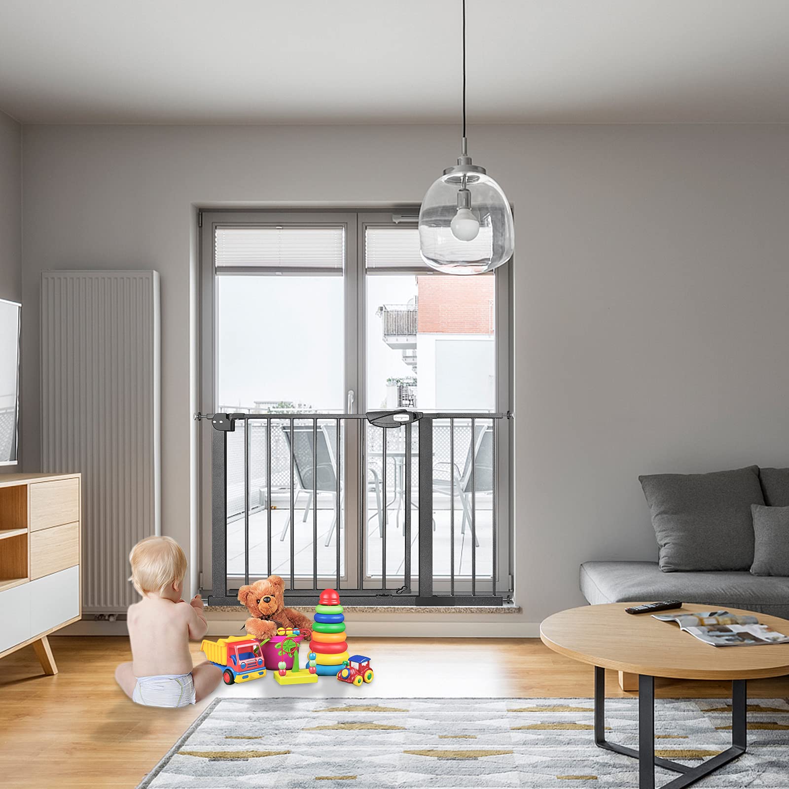 HENGMEI Barrera de Seguridad de Niños para Puertas extensible de metal 95-105cm Auto Close, Sin Taladrar, Negro