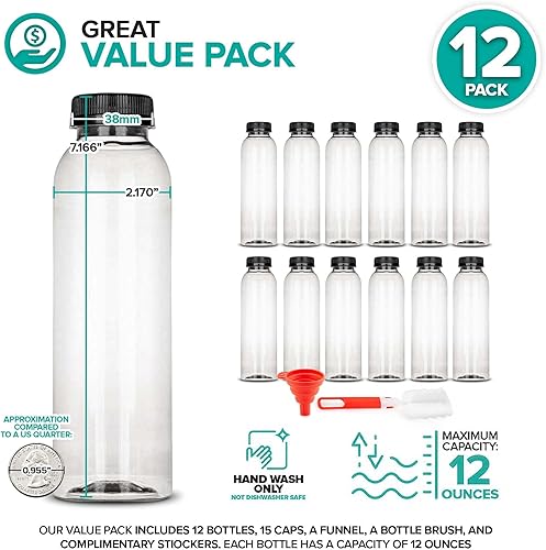 Miniatura 2 de Stock Your Home Botellas redondas de plástico de 12 onzas con tapas (paquete de 12), botellas de jugo transparentes con tapas, botellas de jugo