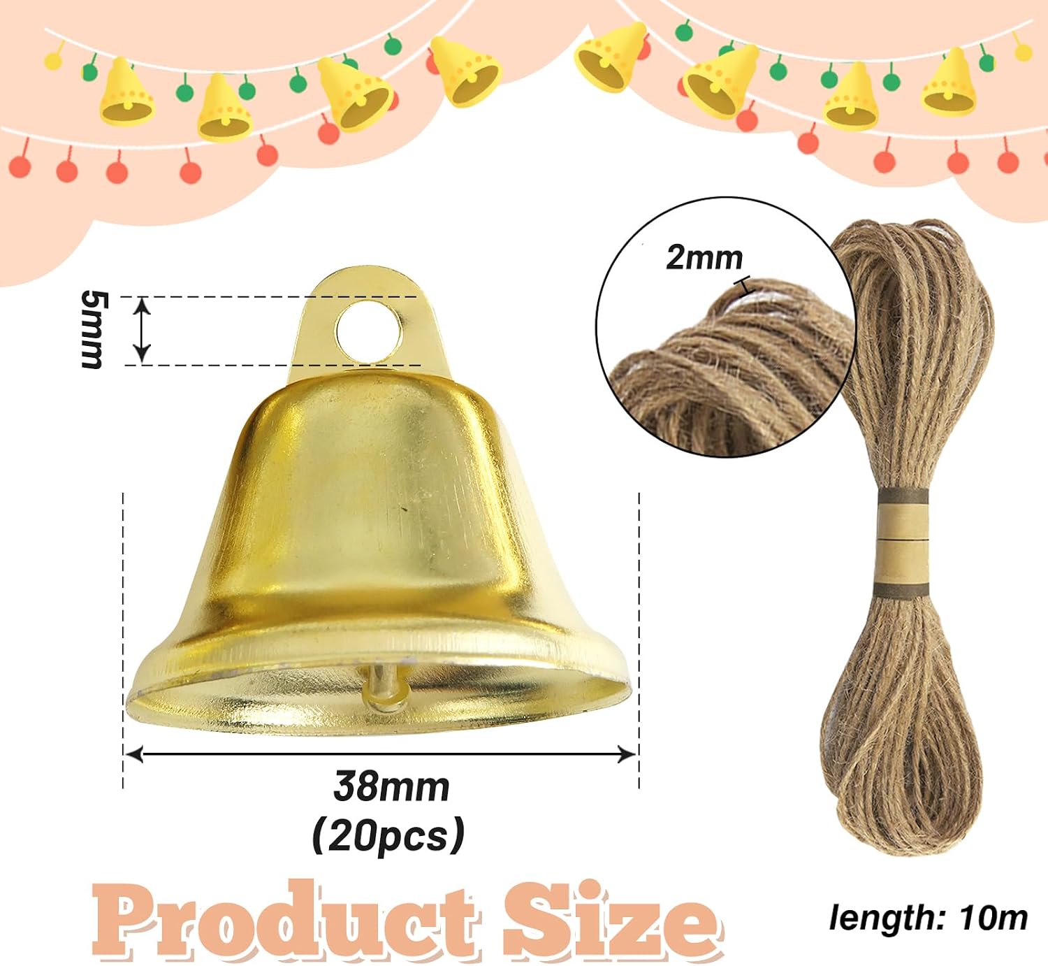 TOAOB 20pcs Craft Bells Gold Vintage Jingle Bells Tiny 1.7x1.5inch with 1 Roll Jute Rope for Hanging Wind Chime Making Dog Training Doorbell Decor Crafts DIY Projects