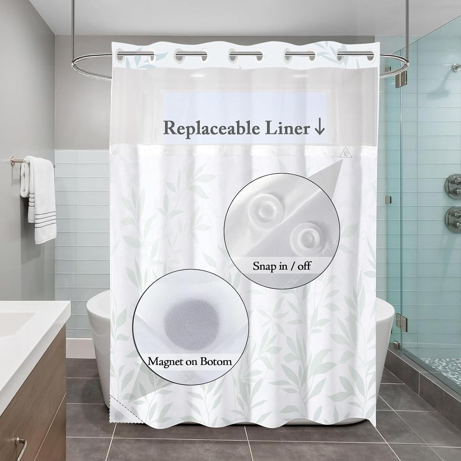 Hookless Shower Curtain for Bedroom Plant Leaves Shower Curtain Liner Waterproof Green and White Fabric Curtain Decor (Green)