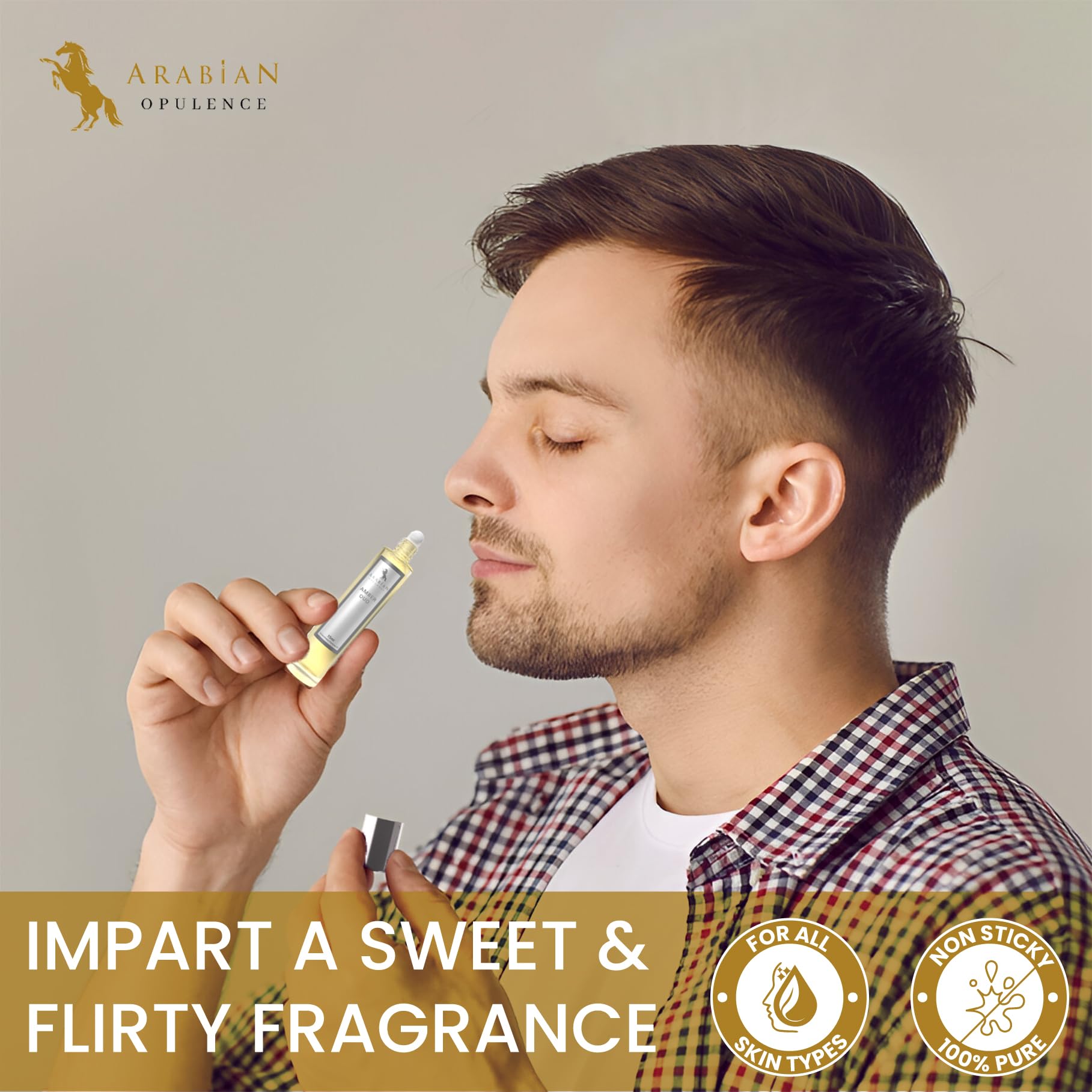 Arabian Opulence FR5 AMBER OUD Roll-on olejek perfumowany, skoncentrowany olejek do ciała, długotrwały perfumy na bazie oleju, unisex, rozmiar podróżny, butelka bez alkoholu (15 ml)