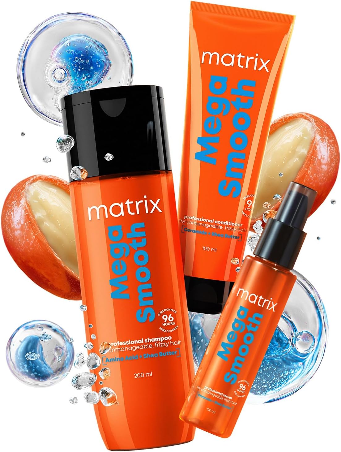 MATRIX Mega Smooth Shampoo (200ml), Conditioner (100ml) & Serum(100ml) Combo with Shea Butter for Frizzy Hair | Max Smoothness for 4 Days | Used by 1 Lakh Hairstylists* | For All Hair Types