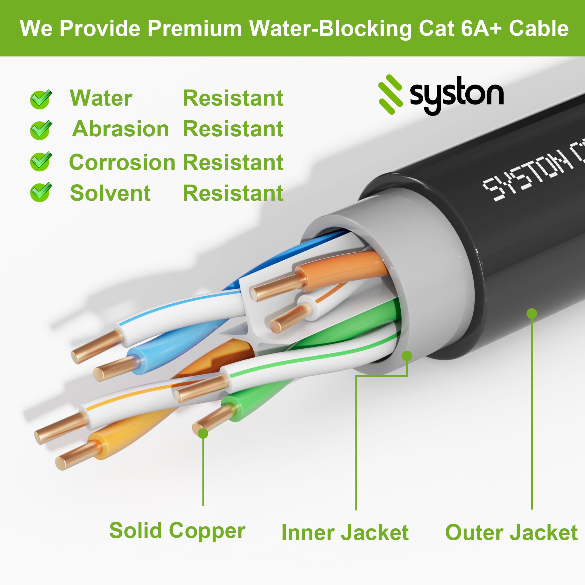 Syston Direct - Cavo di rete Ethernet Cat 6A+ da 700 MHz, UTP 23 AWG per piante esterne (OSP), classificato, filo di rame puro nudo, rivestimento impermeabile a doppio strato per ambienti esterni