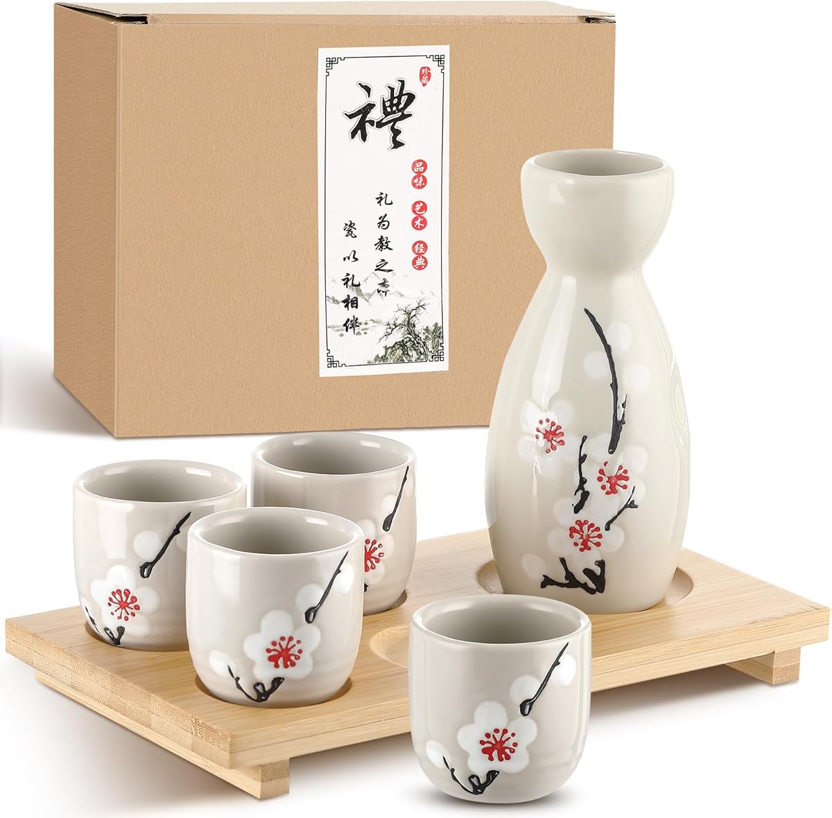 Amazon.com | Skyley Japanese Sake Set with Tray Traditional Saki Cups Set Korean Soju Glass Ceramic Japanese Gifts for Cold Wine Holiday Christmas Gifts(Red,Plum Blossom): Sake Sets