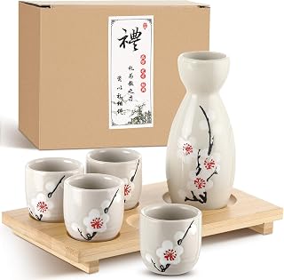 Skyley Japanese Sake Set with Tray Traditional Saki Cups Set Korean Soju Glass Ceramic Japanese Gifts for Cold Wine Holiday Christmas Gifts(Red,Plum Blossom)