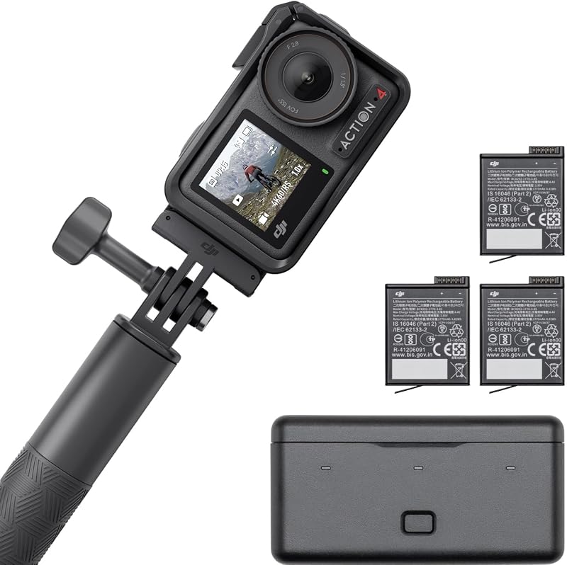 DJI Osmo Action 4 Adventure Combo, cámara de acción resistente al agua, sensor de 1/1,3" | vídeo 4K/120 fps, impresionante con poca luz, duración de batería extendida de 8 h con 3 baterías, varilla de extensión de 1,5 m, estuche para batería