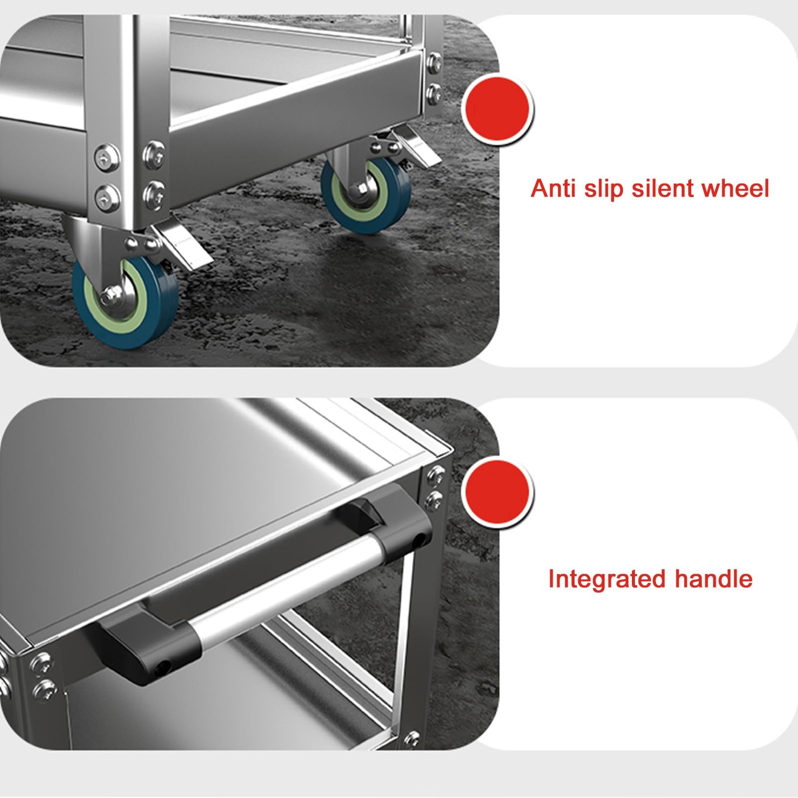 Carrello Da Pranzo con Doppio Ripiano, Tavolo Da Lavoro In Acciaio Inox con 4 Ruote, Carrello con Ruote In Filo Metallico con Barra Di Trasporto per Cucina Commerciale, Ristorante, Argento(66*35*76cm)