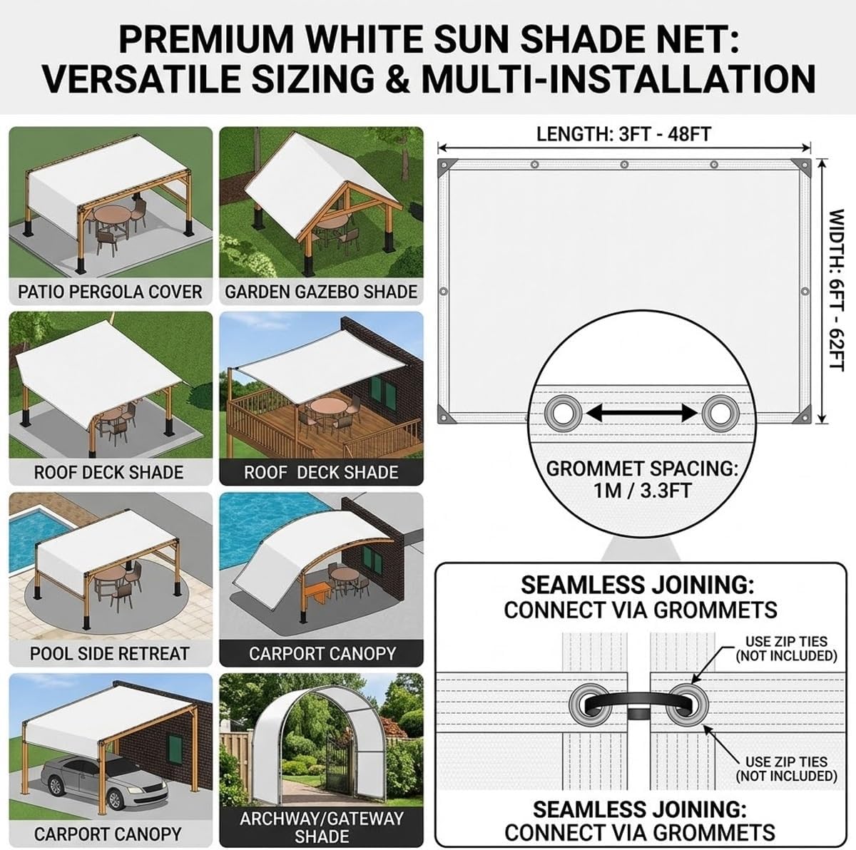 White Shade Cloth for Garden 50% Percent, 3-48FT Outdoor Shade Net with Grommets UV Resistant, HDPE Breathable Mesh Tarp Fence Privacy Screen Cover for Greenhouse Plants Patio(8x10ft)