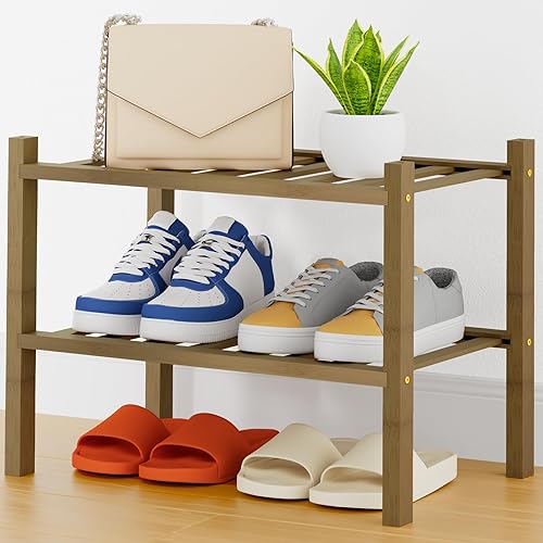 Miniatura 73 de Smiry Estante para zapatos, organizador de zapatos de bambú de 2 niveles, estante de almacenamiento de zapatos de madera apilable independiente para