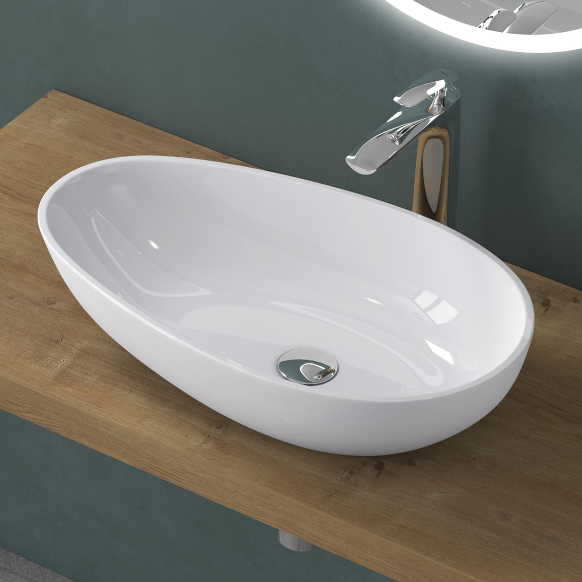 Mai & Mai Bathroom Sink Basin Countertop Wash Basin | Cast Stone Resin Sink Oval Glossy White | Design Solid Surface | WDH：60x36x14cm Col809