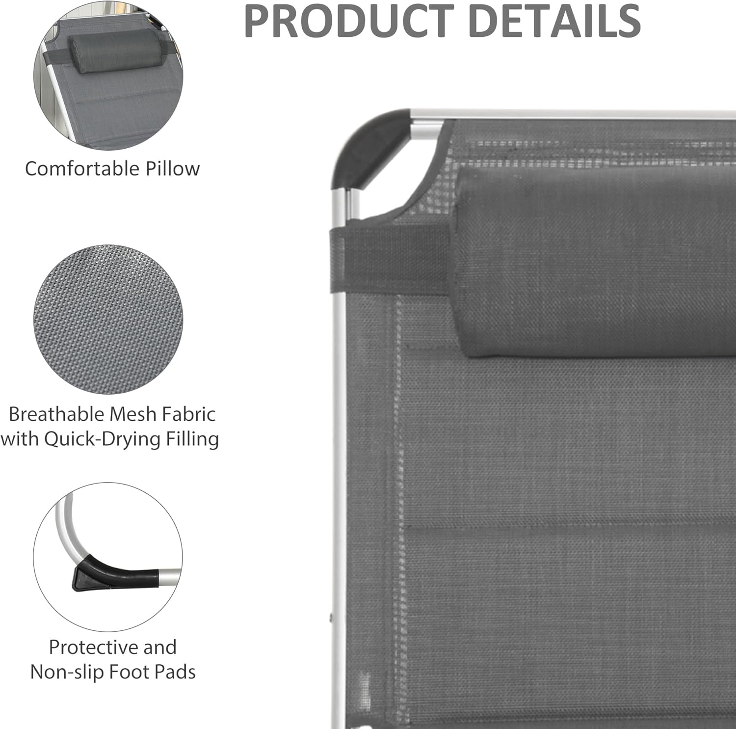 Foldable Outdoor Chaise Lounge Chair, 5-Level Reclining Camping Tanning Chair with Aluminum Frame, Padding, and Headrest for Beach, Yard, Patio, Pool, Gray