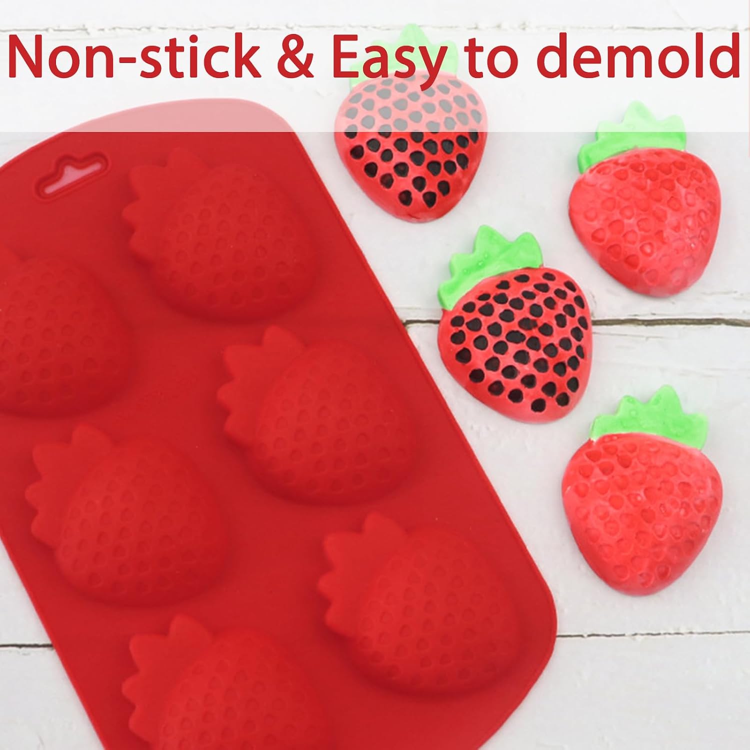 3D Strawberry Baking Mold for Chocolate, 6-Cavity Strawberry Silicone Cake Pan Molds, BPA Free Fruit Snack Molds Silicone for Candle Making Soap Ice Cube Candy Gummy Fondant Jelly, Set of 2, Red