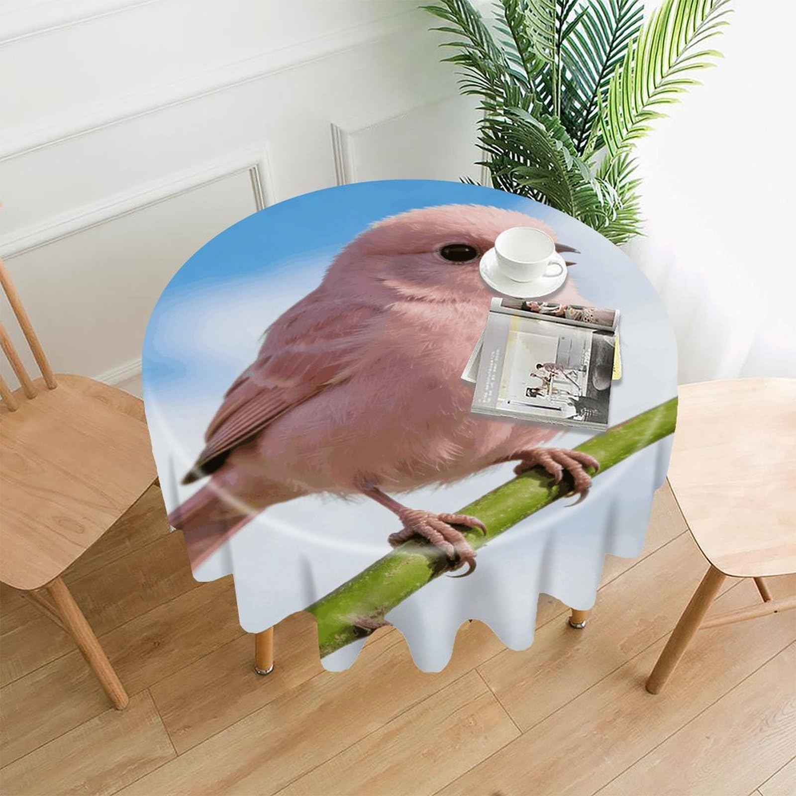 LZQPOEAS Cute Pink Bird Tablecloth Easy to Clean Polyester Round Table Cover Washable Round Table Cloth Wrinkle-Free Circle Decoration Tablecloth for Kitchen and Dining Room 60"