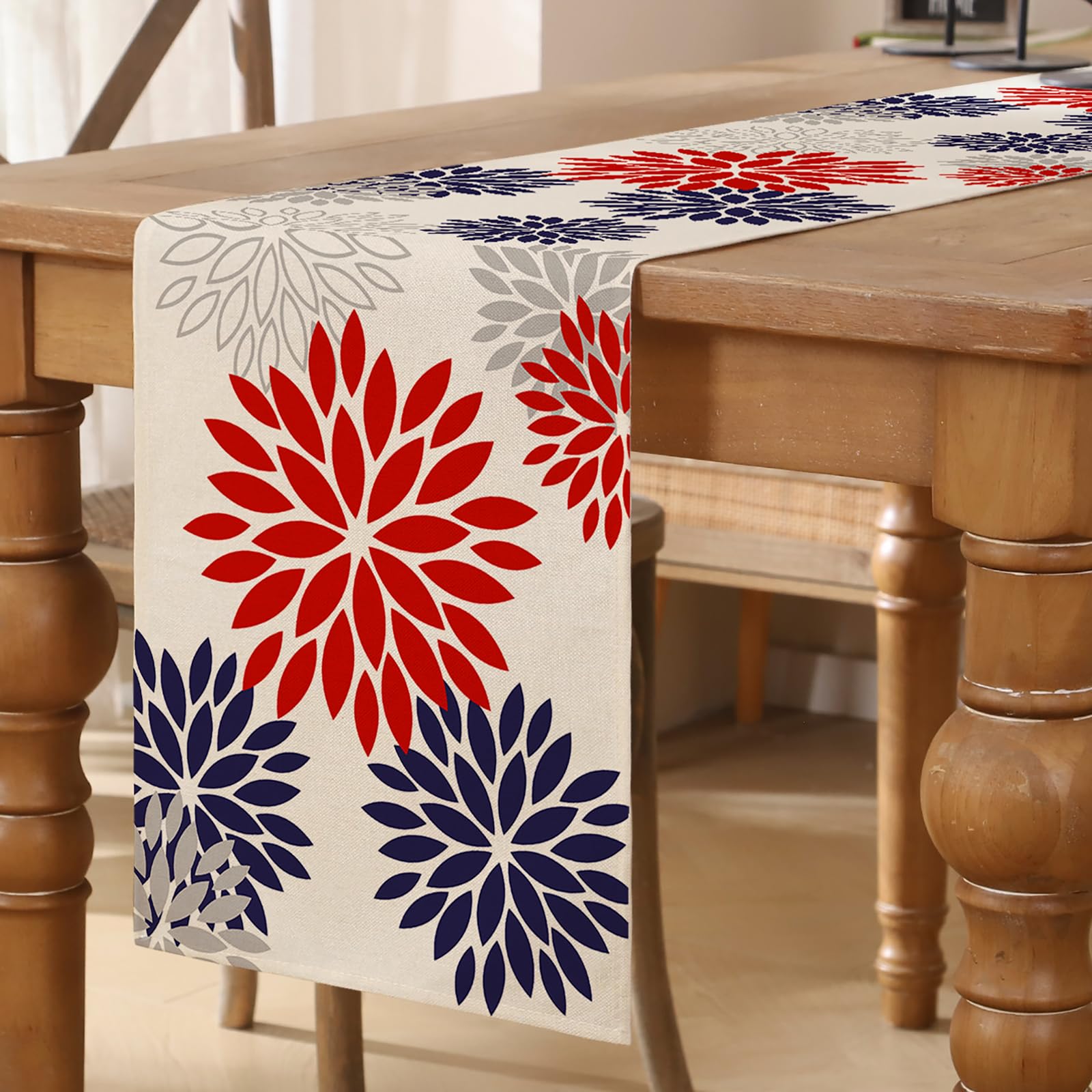 Tischläufer Rot Marineblau Blumen Dahlien Tischläufer Modern Herbst Saisonal Table Runner Küche Tisch Dekoration Tischdecke für Hochzeit Esszimmer Drinnen Urlaub Party Dekor 40x180 cm