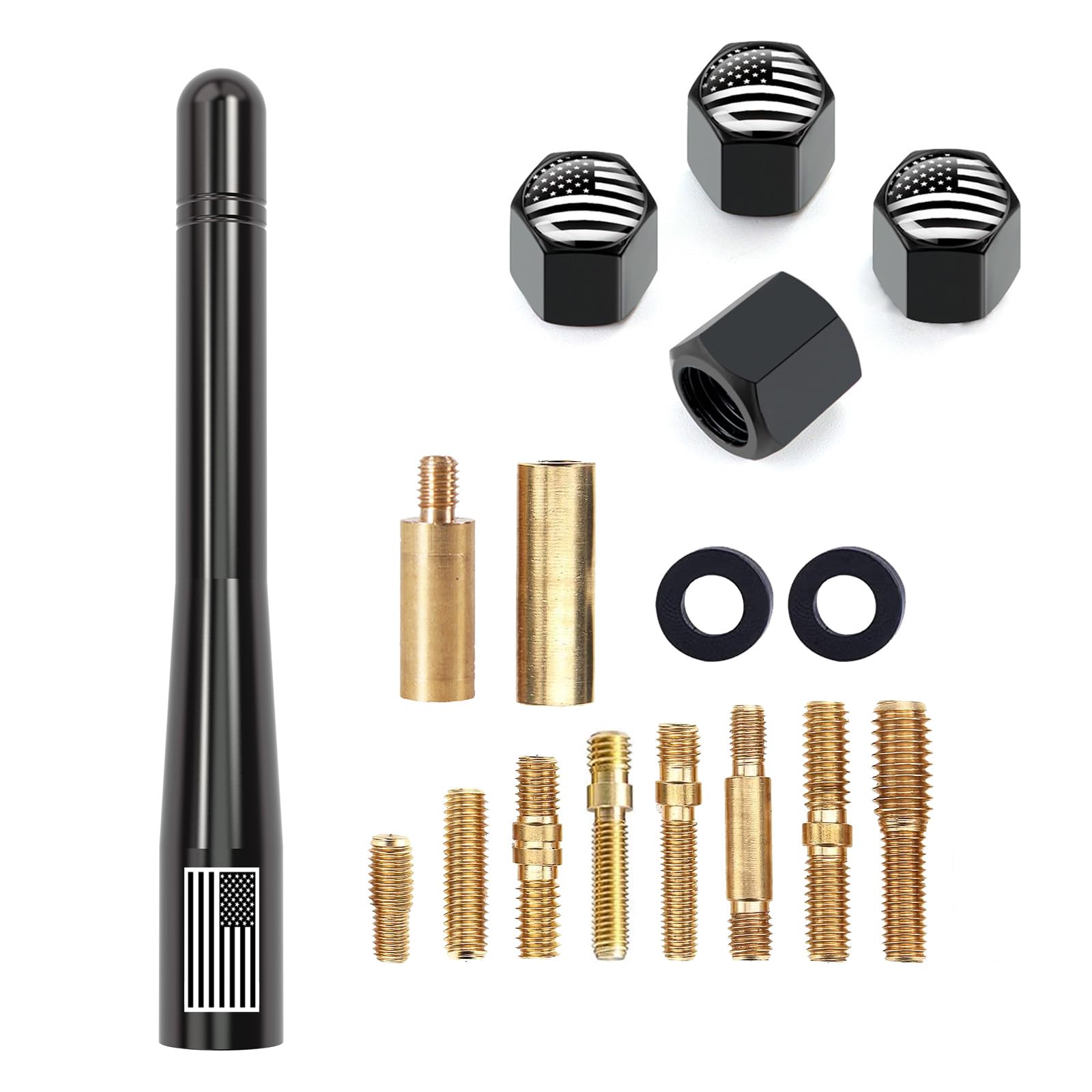 Car Truck Short Antenna 4" with Tire Valve Caps American Flag Universal Replacement for GMC Sierra Chevy Silverado Dodge Ram 1500 2500 3500 Ford F150 F250 F350 Super Duty Bronco Raptor, Black
