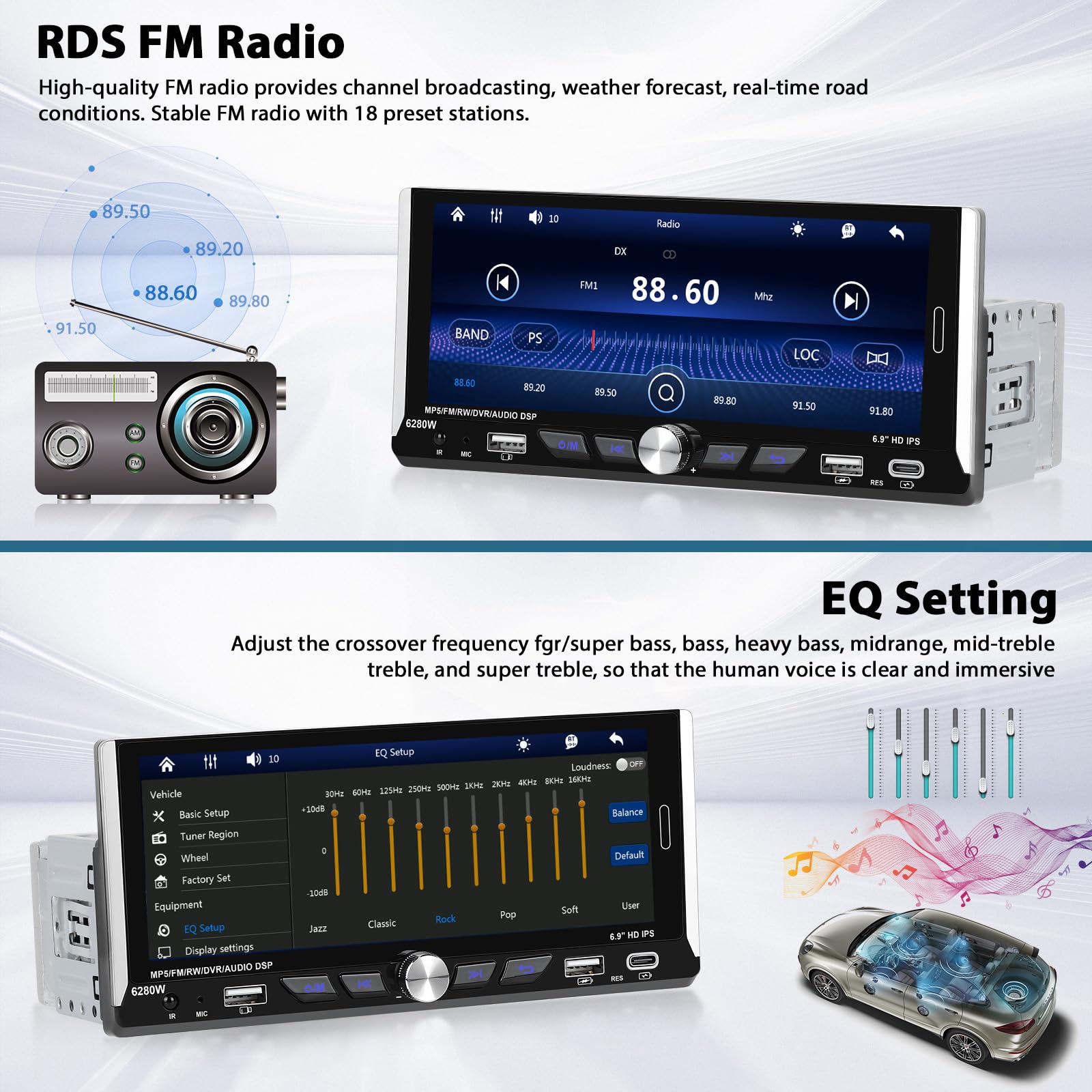 Inefala Autoradio CarPlay 1 DIN avec Wireless Carplay et Android Auto sans Fil, Radio avec écran 6,9 Pouces avec Bluetooth, Mirror Link, Compatible FM/RDS, EQ, USB, Type C, Recharge USB